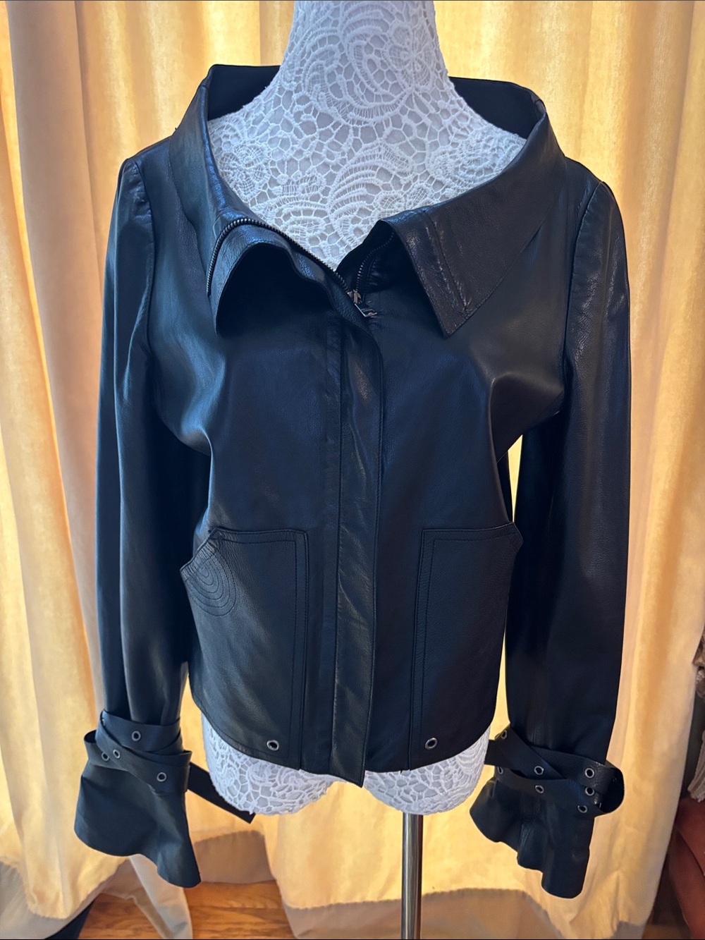 Gucci black calfskin leather moto jacket with eyelet details